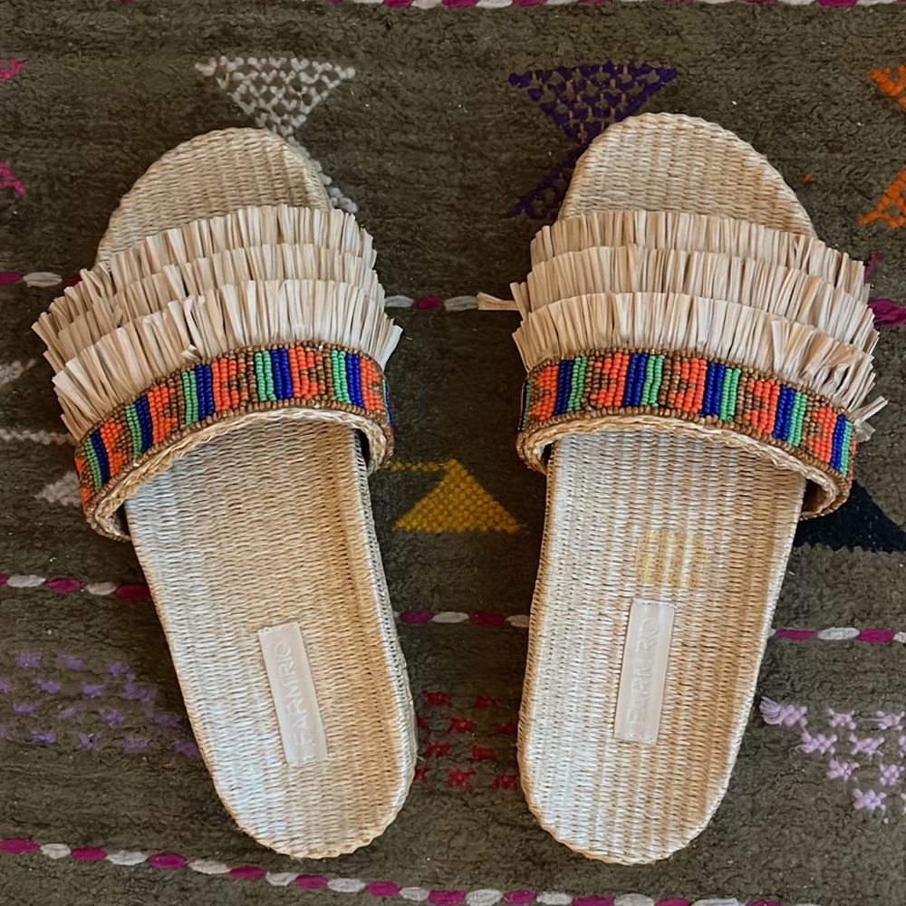 Farm Rio Beaded Fringe Slide Sandal - EUC